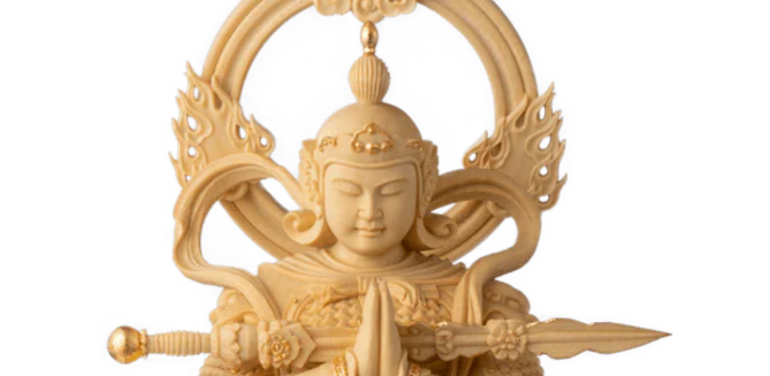 Wooden Amida (Amitabha) Buddha statue with hands in prayer (gassho) and ornate halo