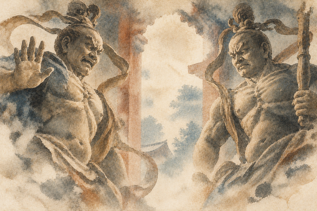 Watercolor-style depiction of Agyo and Ungyo, the paired Nio temple guardians distinguished by their open and closed mouths in Japanese Buddhism.