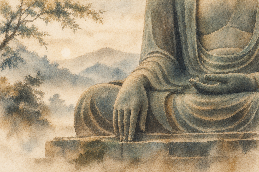 Watercolor-style close-up of a seated Buddha touching the earth with the right hand, illustrating the Bhumisparsha mudra and its symbolism of enlightenment.