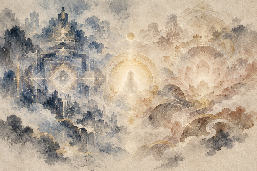 Watercolor-style depiction of the Diamond Realm and Womb Realm mandalas, contrasting geometric and lotus-based forms in Esoteric Buddhist symbolism.
