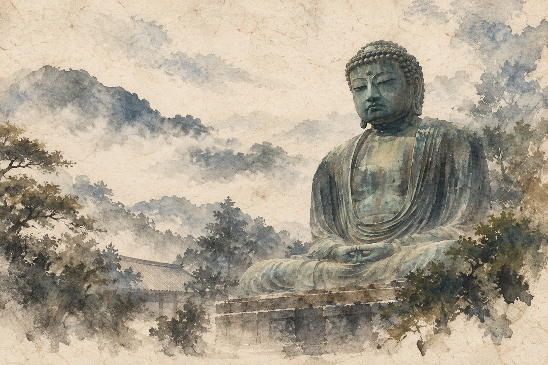 Watercolor-style depiction of the Great Buddha of Kamakura seated outdoors among trees and mountains, highlighting the statue’s weathered green patina.