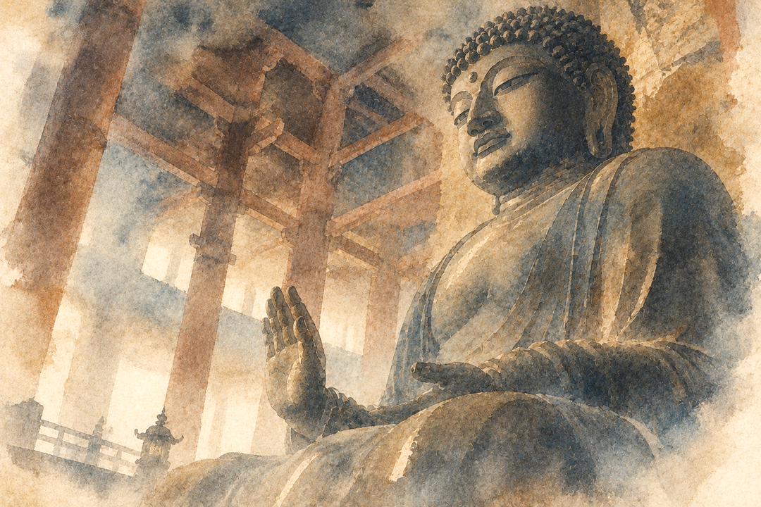 Watercolor-style depiction of the Great Buddha of Todai-ji seated inside the temple hall, emphasizing the immense scale and monumental structure of the statue.