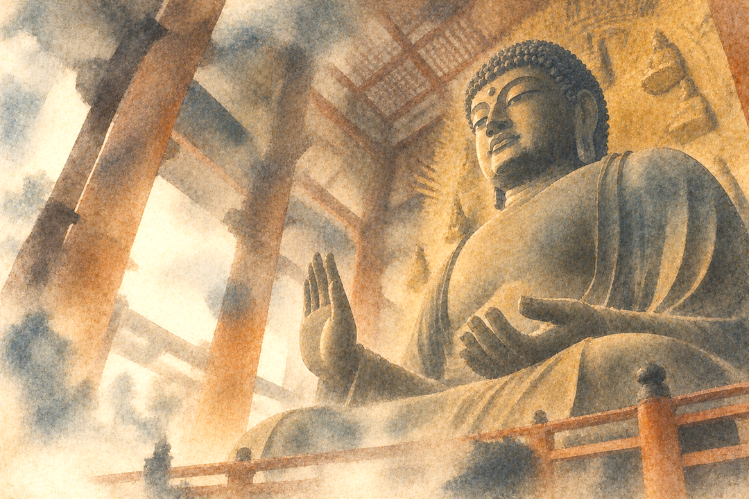 Watercolor-style view of the Great Buddha of Todai-ji beneath the temple roof, emphasizing the monumental scale of the 15-meter Vairocana Buddha statue.