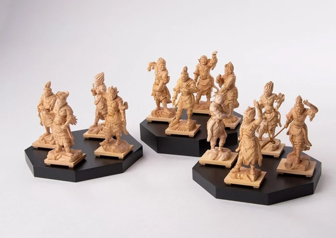 Group of wooden statues depicting the Twelve Divine Generals, the warrior guardians who protect Yakushi Nyorai in Japanese Buddhism.