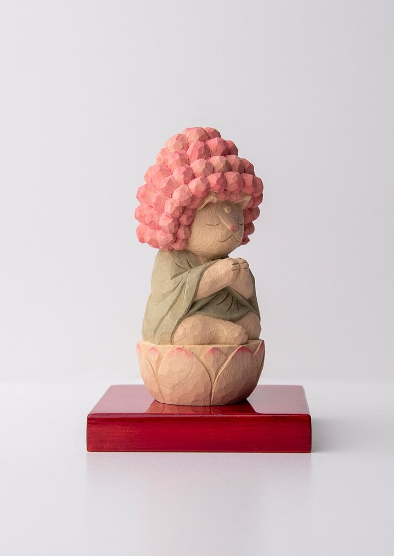 Goko Shiyui Amitabha (Amida) Cat Buddha 木彫りの五劫思惟阿弥陀 袈裟を着た猫仏さま 若緑