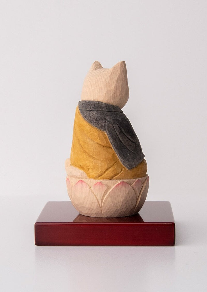 Zazen Cat Buddha  木彫りの座禅猫 袈裟を着た猫仏さま 黄色/黒色