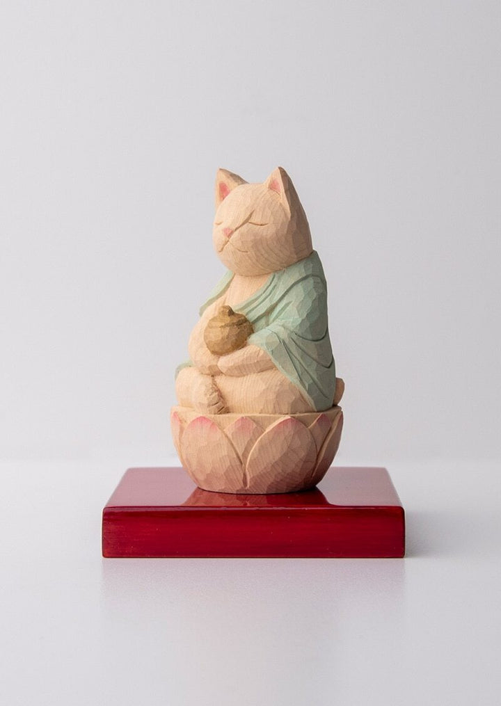 Yakushi Nyorai (Bhaisajya Buddha) Cat Buddha  木彫りの薬師猫 袈裟を着た猫仏さま 定印/薄緑