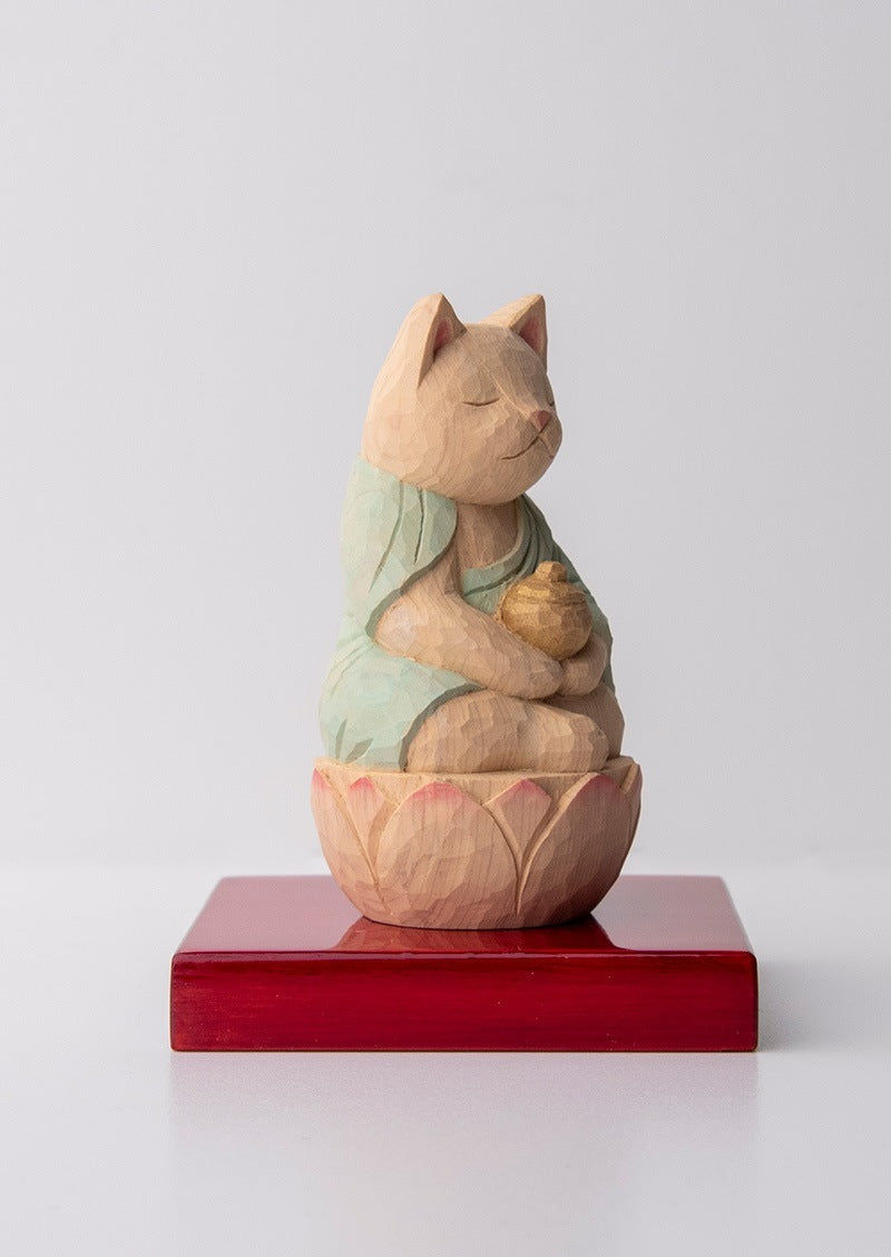 Yakushi Nyorai (Bhaisajya Buddha) Cat Buddha  木彫りの薬師猫 袈裟を着た猫仏さま 定印/薄緑