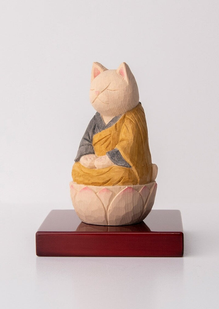Zazen Cat Buddha  木彫りの座禅猫 袈裟を着た猫仏さま 黄色/黒色