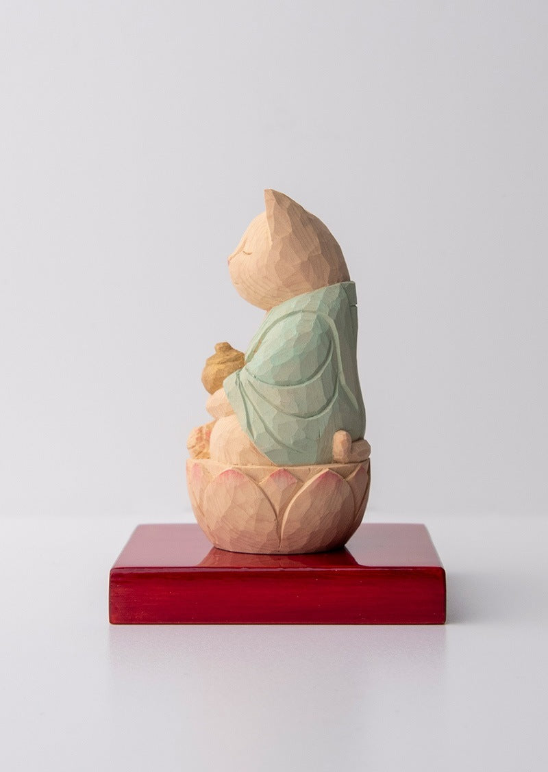 Yakushi Nyorai (Bhaisajya Buddha) Cat Buddha  木彫りの薬師猫 袈裟を着た猫仏さま 定印/薄緑