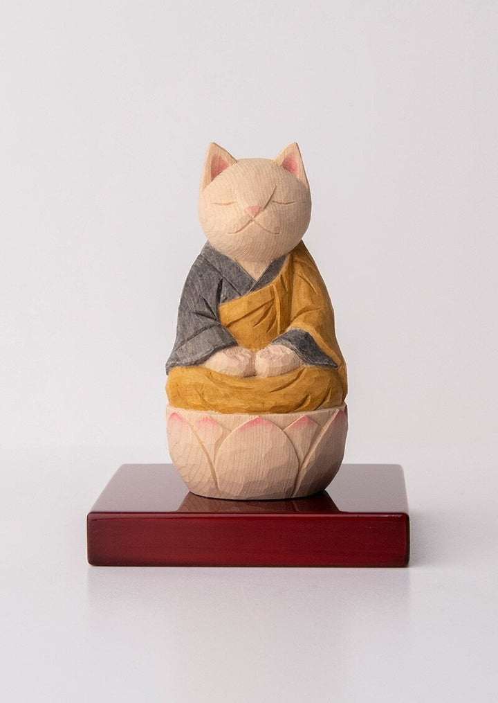 Zazen Cat Buddha  木彫りの座禅猫 袈裟を着た猫仏さま 黄色/黒色