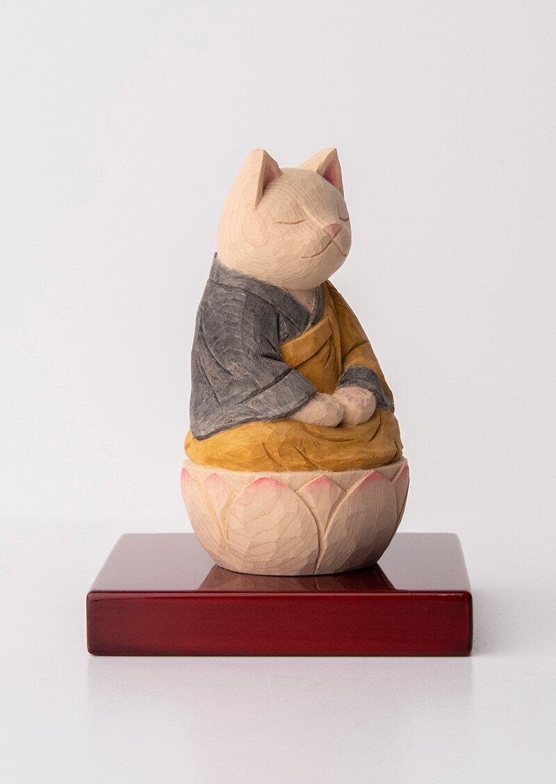 Zazen Cat Buddha  木彫りの座禅猫 袈裟を着た猫仏さま 黄色/黒色