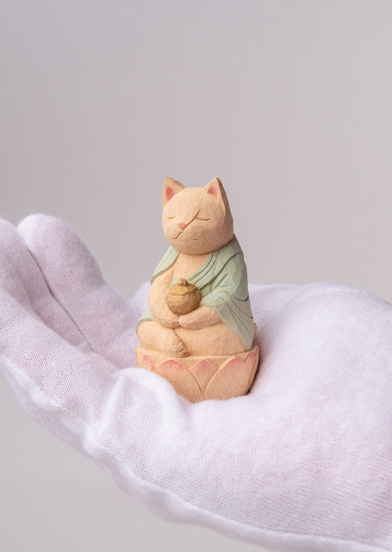 Yakushi Nyorai (Bhaisajya Buddha) Cat Buddha  木彫りの薬師猫 袈裟を着た猫仏さま 定印/薄緑