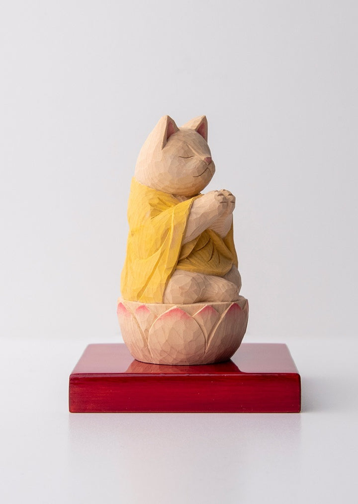 Gassho Cat Buddha  木彫りの合掌猫 袈裟を着た猫仏さま Yellow ( 黄色 )