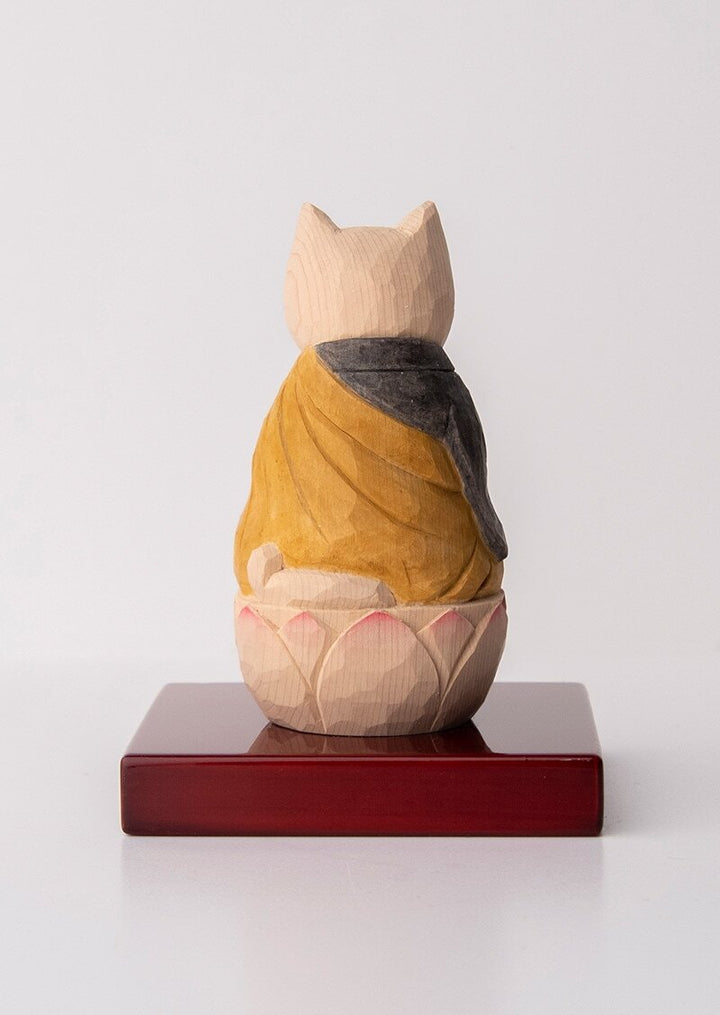 Zazen Cat Buddha  木彫りの座禅猫 袈裟を着た猫仏さま 黄色/黒色
