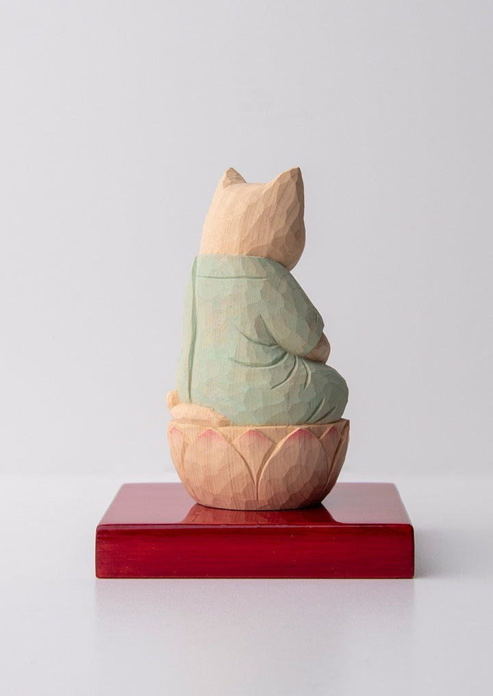 Yakushi Nyorai (Bhaisajya Buddha) Cat Buddha  木彫りの薬師猫 袈裟を着た猫仏さま 定印/薄緑