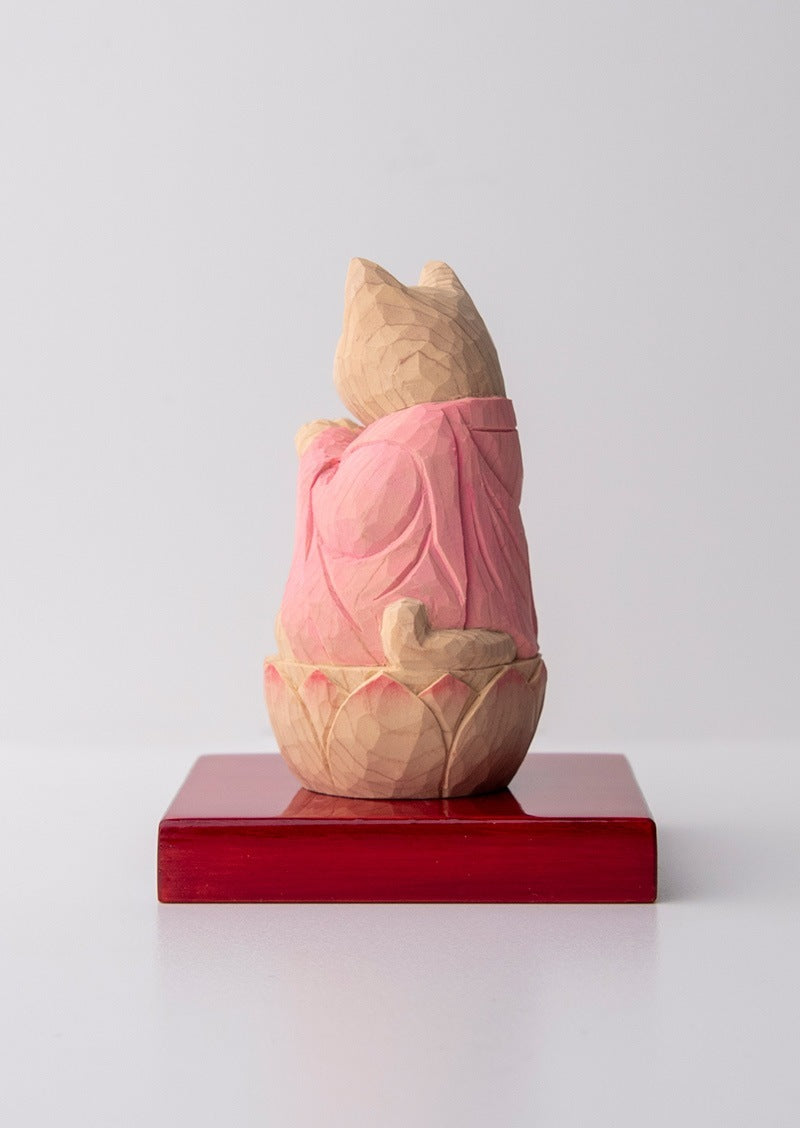 Gassho Cat Buddha  木彫りの合掌猫 袈裟を着た猫仏さま Tan color (鴇色)