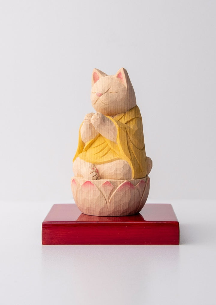 Gassho Cat Buddha  木彫りの合掌猫 袈裟を着た猫仏さま Yellow ( 黄色 )