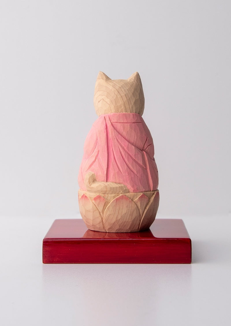 Gassho Cat Buddha  木彫りの合掌猫 袈裟を着た猫仏さま Tan color (鴇色)