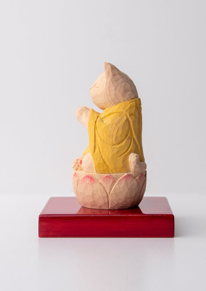 Gassho Cat Buddha  木彫りの合掌猫 袈裟を着た猫仏さま Yellow ( 黄色 )