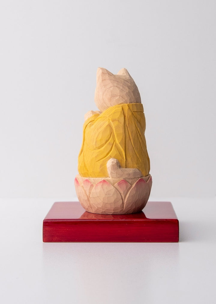 Gassho Cat Buddha  木彫りの合掌猫 袈裟を着た猫仏さま Yellow ( 黄色 )