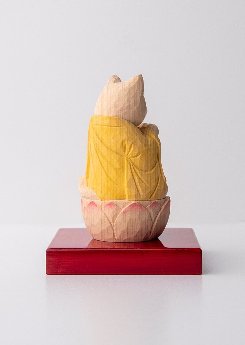 Gassho Cat Buddha  木彫りの合掌猫 袈裟を着た猫仏さま Yellow ( 黄色 )