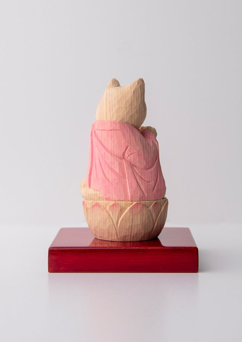 Gassho Cat Buddha  木彫りの合掌猫 袈裟を着た猫仏さま Tan color (鴇色)