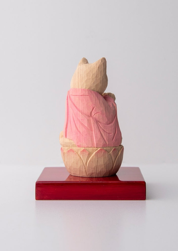 Gassho Cat Buddha  木彫りの合掌猫 袈裟を着た猫仏さま Tan color (鴇色)