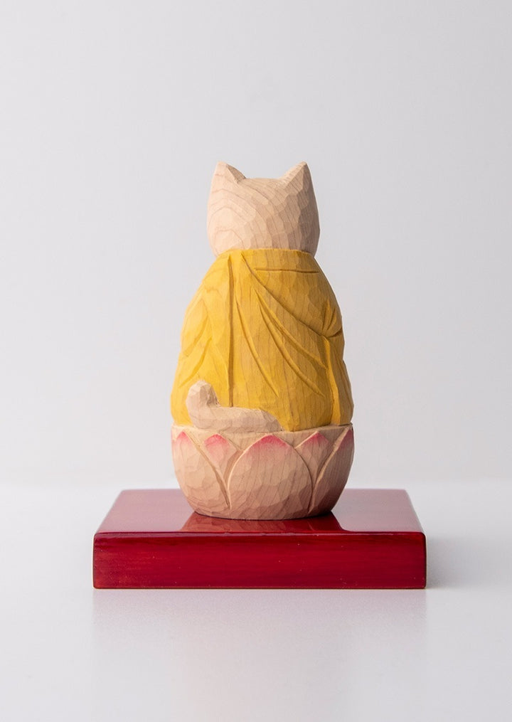 Gassho Cat Buddha  木彫りの合掌猫 袈裟を着た猫仏さま Yellow ( 黄色 )